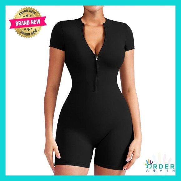 Pants - Short Sleeve Workout Jumpsuit Zip Up Romper Bodycon One Piece Sexy